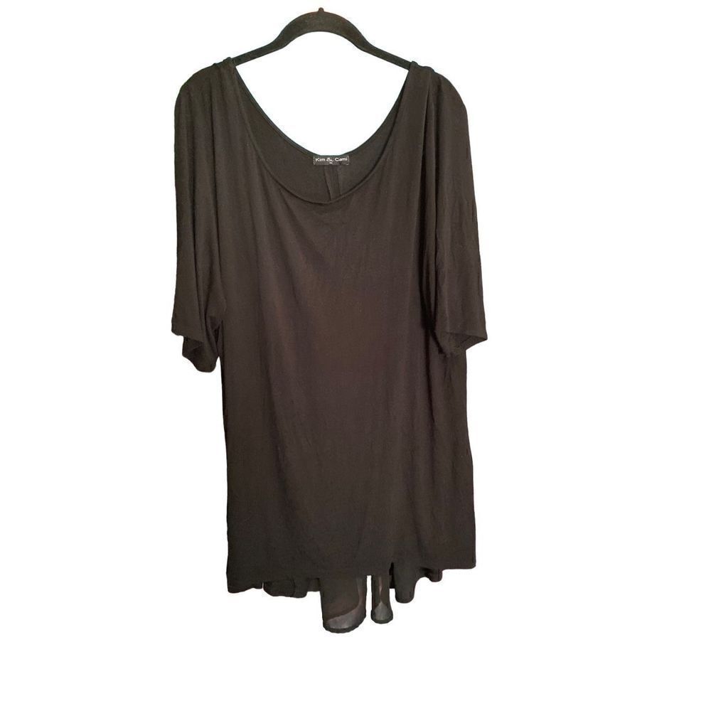 Kim & Cami women’s plus size black short sleeve, pleated sheer back top 3X